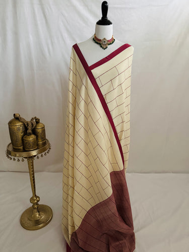 ShopNaya Exclusive | Handwoven | Contemporary Pure Cotton Saree | No Blouse | Off-White & Red | Handloom Mark | Ships from California